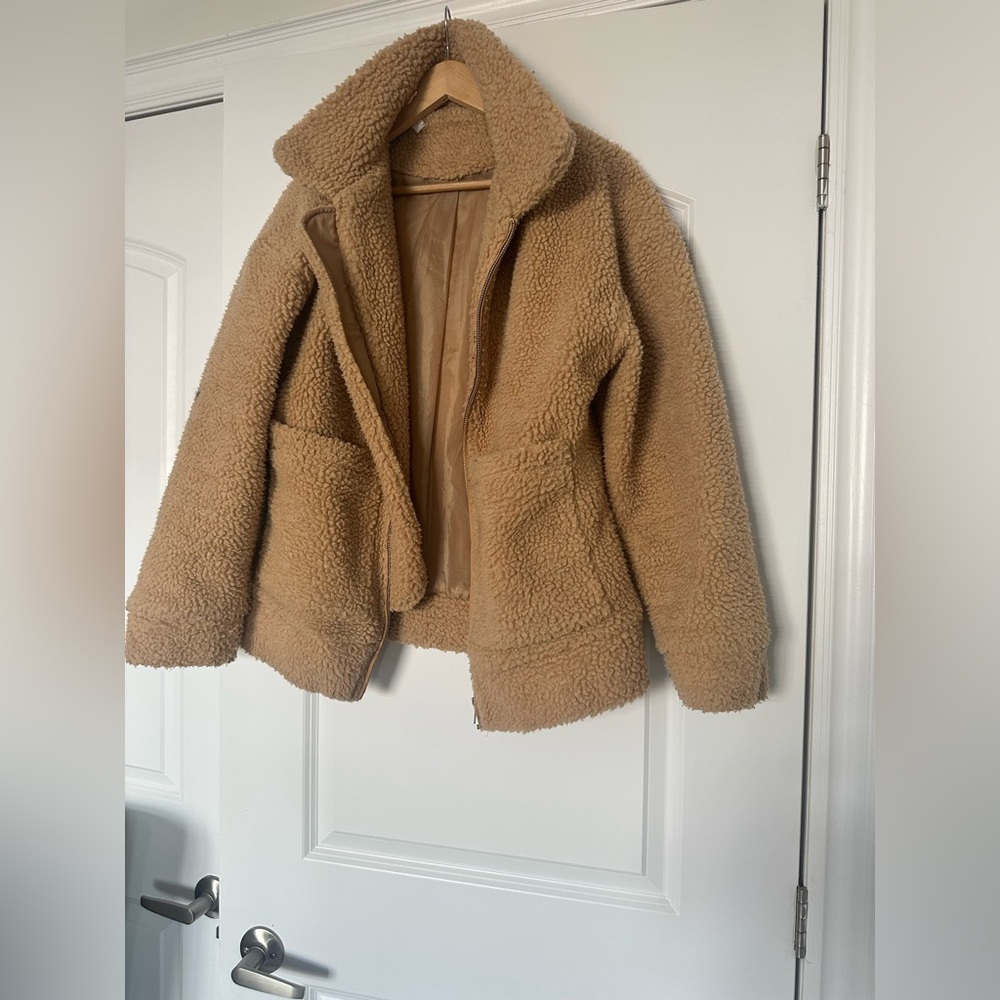 Nameless Oversized Camel Teddy Sherpa Zip-Up Jacket Cozy Plush Faux Shearling XS